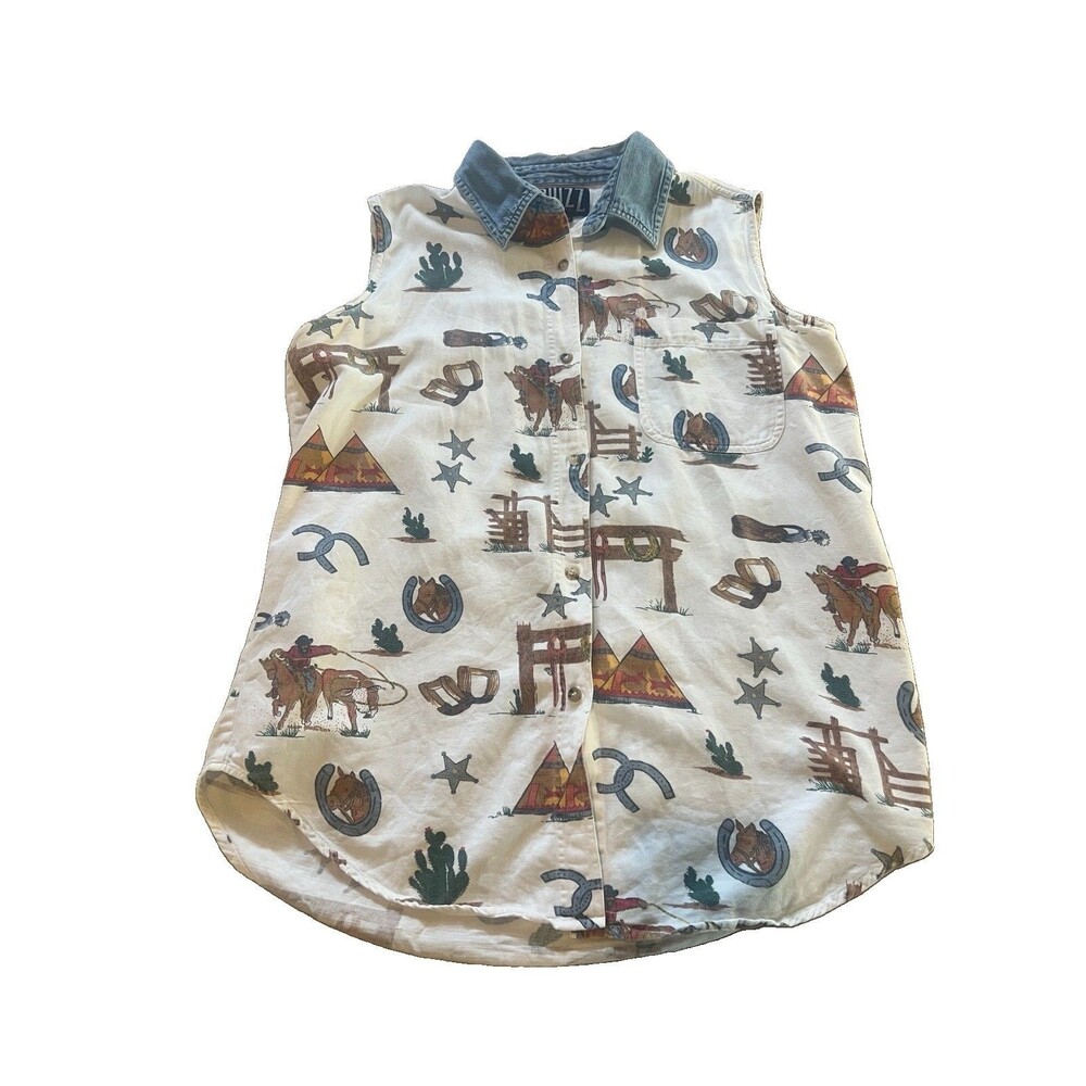Quizz New York Woven Cotton Sleeveless Collared Button-Up Western Print Top L